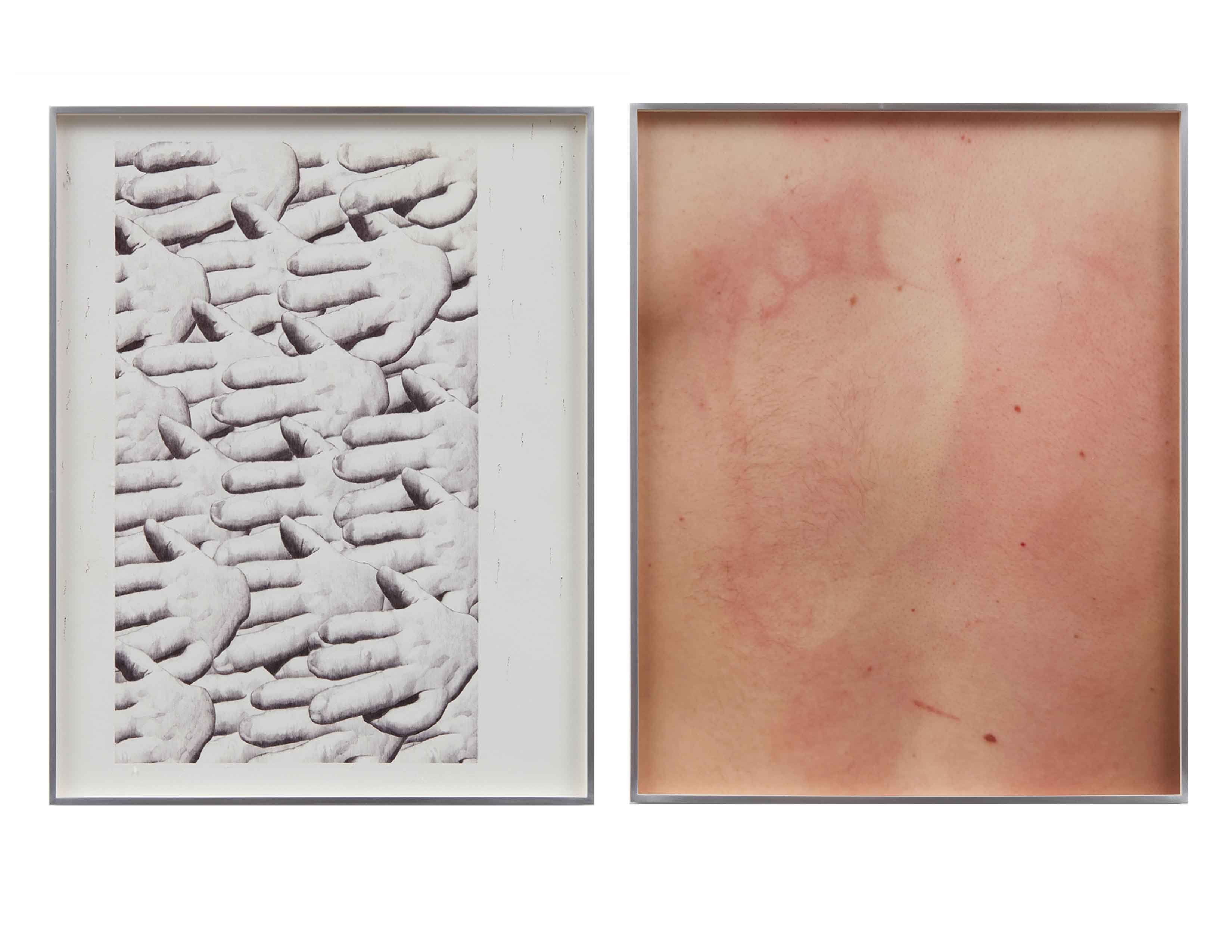 Elise Nguyen Quoc, <i>Ne rien savoir faire de ses dix doigts (left), Courir sous les signifiants (right)</i>, 2021-25. Ballpen on paper, print on paper diptych, 26 x 40 x 1 1/2 in (66 x 101.6 x 3.8 cm)